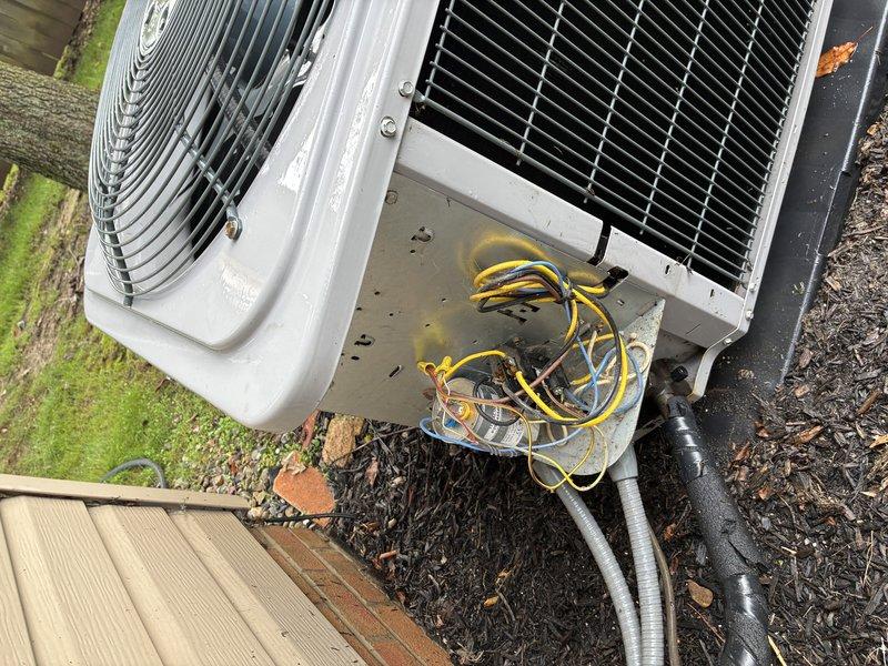Completed routine MVP cooling maintenance visit on 7-year-old residential HVAC system. Inspected outdoor condensing unit and indoor air handler components, verified proper operation of condenser fan assembly, checked refrigerant line connections and electrical wiring at outdoor unit, and examined blower motor assembly and gas valve connections within indoor unit compartment. All system components found operating within normal parameters with no immediate service needs identified.