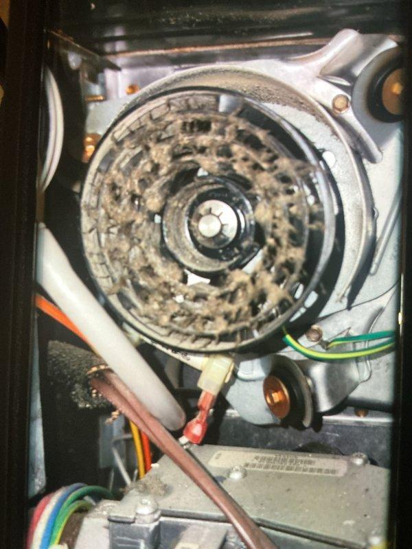 Completed recurring maintenance visit on HVAC system. Inspected blower assembly and found heavy accumulation of dust and debris on fan wheel and blades, restricting airflow efficiency. Examined outdoor condenser unit and documented significant dirt buildup on coil fins and heat exchanger components, with organic debris collected at base of unit. Photographed conditions showing substantial contamination requiring cleaning to restore optimal system performance and prevent reduced cooling capacity.