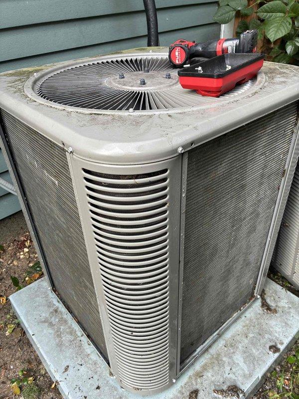 Completed scheduled MVP cooling maintenance visit on residential outdoor condenser unit. Upon arrival, observed unit operational but exhibiting significant environmental accumulation including dirt, debris, algae, and mildew growth on exterior surfaces, panels, and coil fins. Performed comprehensive maintenance protocol including inspection of all accessible components, cleaning of condenser coils and exterior surfaces, and verification of proper system operation. Unit confirmed functioning within normal parameters following service completion.