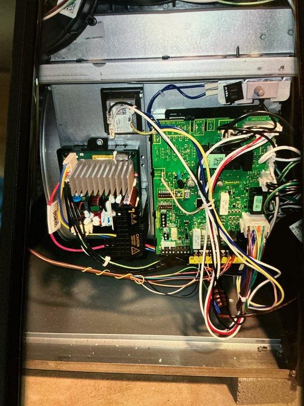 Completed MVP recurring cooling maintenance visit. Performed comprehensive system inspection including examination of control board assembly, electrical connections, and blower motor components. Documented equipment condition with photos showing control panel PCB, wire harnesses, and squirrel cage blower wheel assembly. All components found operational with normal dust accumulation present on blower assembly. System operating within normal parameters.