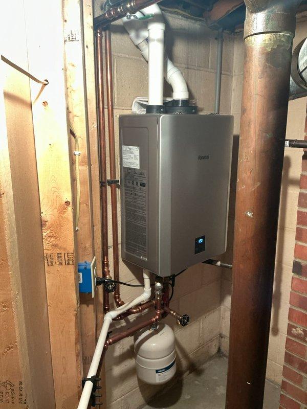 Performed routine descaling maintenance on Rinnai tankless water heater unit in basement mechanical room. Flushed system with descaling solution to remove mineral buildup and maintain optimal heating efficiency and equipment longevity. Unit tested successfully upon completion with proper operation confirmed.