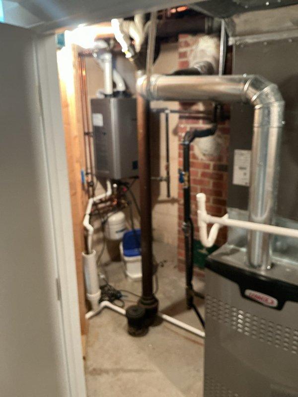 Performed routine descaling maintenance on Rinnai tankless water heater unit in basement mechanical room. Flushed system with descaling solution to remove mineral buildup and maintain optimal heating efficiency and equipment longevity. Unit tested successfully upon completion with proper operation confirmed.