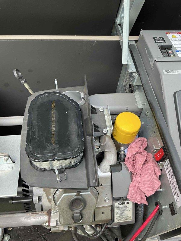 Performed maintenance service on Kohler 20 RCA residential standby generator, 240V/100A system approximately 1.5 years old. Ordered and retrieved necessary replacement parts from authorized supplier, opened generator enclosure to access internal components, and completed repairs to restore unit to operational status.