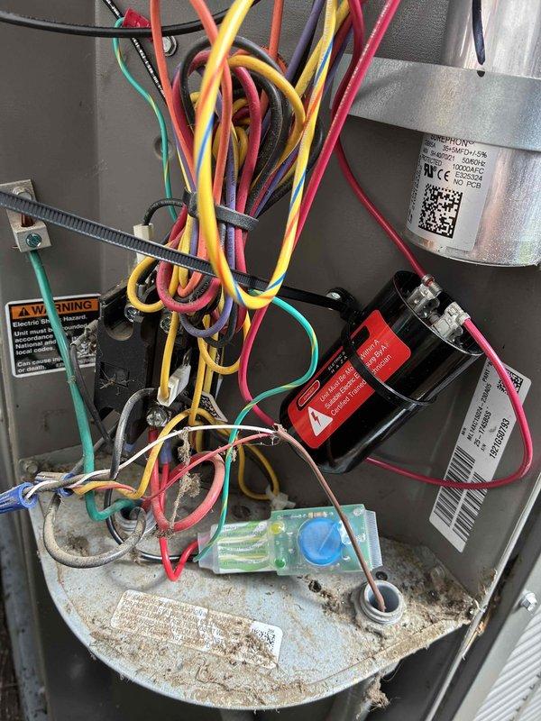 Performed comprehensive AC tune-up on five-year-old garage unit with no reported issues. Inspected and documented electrical components including capacitor, contactor, and transformer connections; verified all wire terminations secure with proper color coding intact. Cleaned accumulated dust and debris from base pan and electrical compartment, confirmed all safety labels present, and verified system operational status with all components functioning within normal parameters.