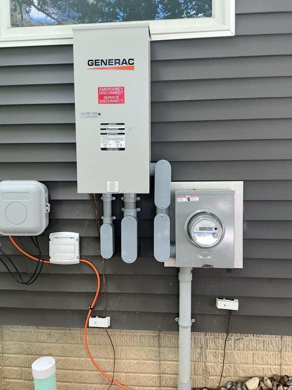 Replaced defective main PVC conduit fitting at electrical service entrance under warranty. The repair involved the conduit system connecting the utility meter, main disconnect panel, and Generac transfer switch. All required materials were available from truck stock, and the installation was completed to restore proper protection for the service entrance wiring.