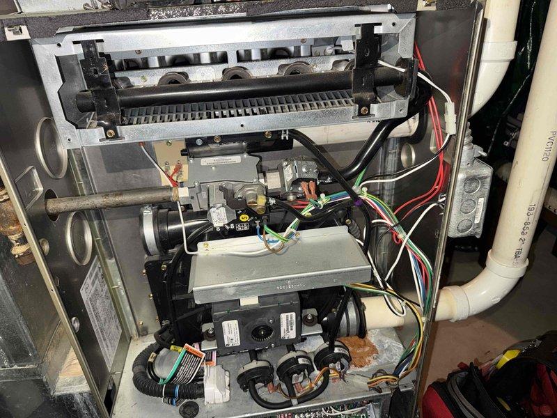Completed comprehensive MVP furnace maintenance inspection and system evaluation. Performed thorough examination of all major heating components including blower motor assembly, heat exchanger, control board wiring, and internal mechanical systems. Verified proper operation of air distribution system through supply diffusers, confirmed clean condition of venting components, and documented system status with detailed photographic records for service history.