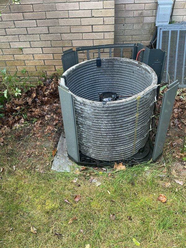 Completed comprehensive maintenance on a 7-year-old cooling system including both outdoor condensing unit and indoor air handler components. Performed thorough inspection of condenser coil after removing unit panels, verified proper fin condition and coil cleanliness, and assessed overall outdoor unit operation. Inspected indoor equipment including air handler cabinet, confirmed proper condensate drainage system function with funnel trap assembly, and verified all mechanical connections and refrigerant lines were secure and operating within normal parameters.