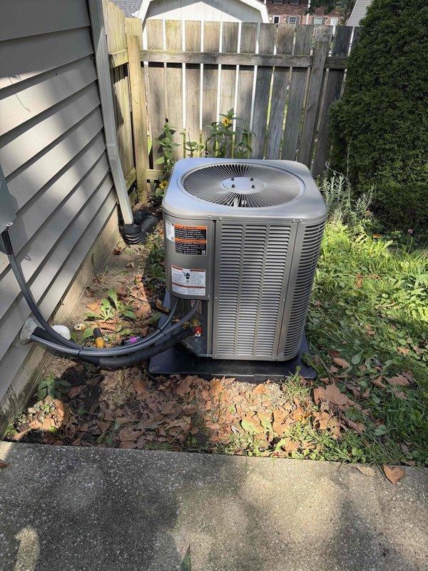 Completed installation of 80% efficiency furnace and air conditioning system. Installed new outdoor condensing unit on equipment pad with proper refrigerant line connections to the residence, and upgraded electrical disconnect with new CLASS RR FLNR 20A fuses rated for 250 VAC to ensure safe operation of the new HVAC equipment.