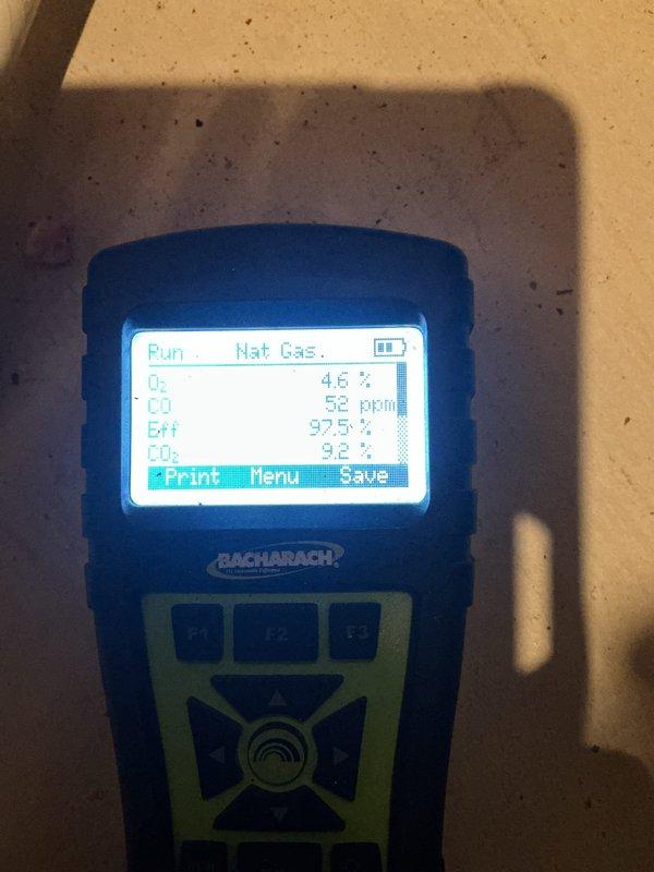 Completed comprehensive heating maintenance on Goodman gas furnace system. Performed combustion analysis using digital analyzer, confirming optimal performance with natural gas readings showing 92.5% efficiency, 52 ppm CO, 4.6% O2, and 9.2% CO2 - all within manufacturer specifications. Inspected furnace components, humidifier system, air filtration unit, and PVC venting for proper operation and safety compliance.