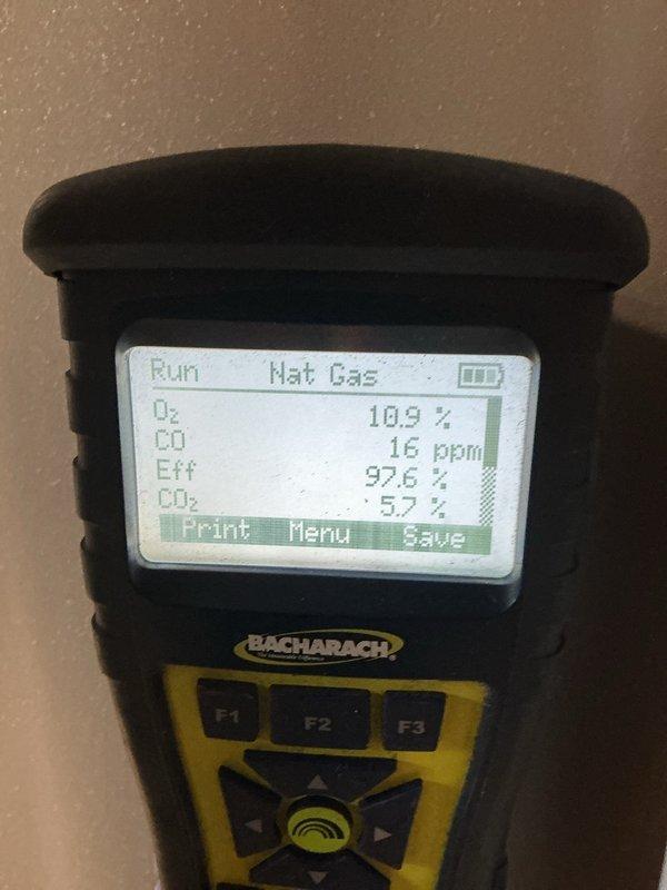 Performed comprehensive maintenance on 4-year-old gas furnace and air conditioning system. Conducted combustion analysis on furnace using digital analyzer, confirming safe operation with CO readings at 16 ppm, oxygen levels at 10.9%, and efficiency at 92.6-97.6%. Inspected ductwork system and evaluated condition for potential cleaning needs.
