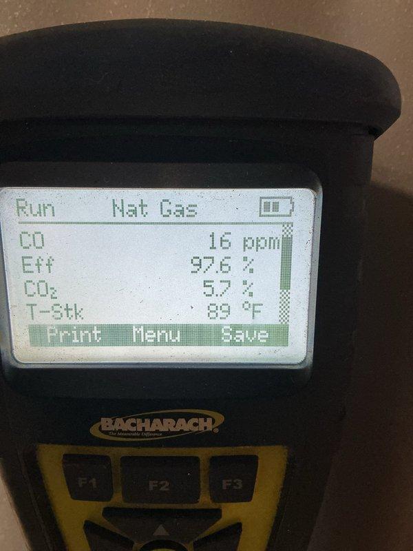 Performed comprehensive maintenance on 4-year-old gas furnace and air conditioning system. Conducted combustion analysis on furnace using digital analyzer, confirming safe operation with CO readings at 16 ppm, oxygen levels at 10.9%, and efficiency at 92.6-97.6%. Inspected ductwork system and evaluated condition for potential cleaning needs.