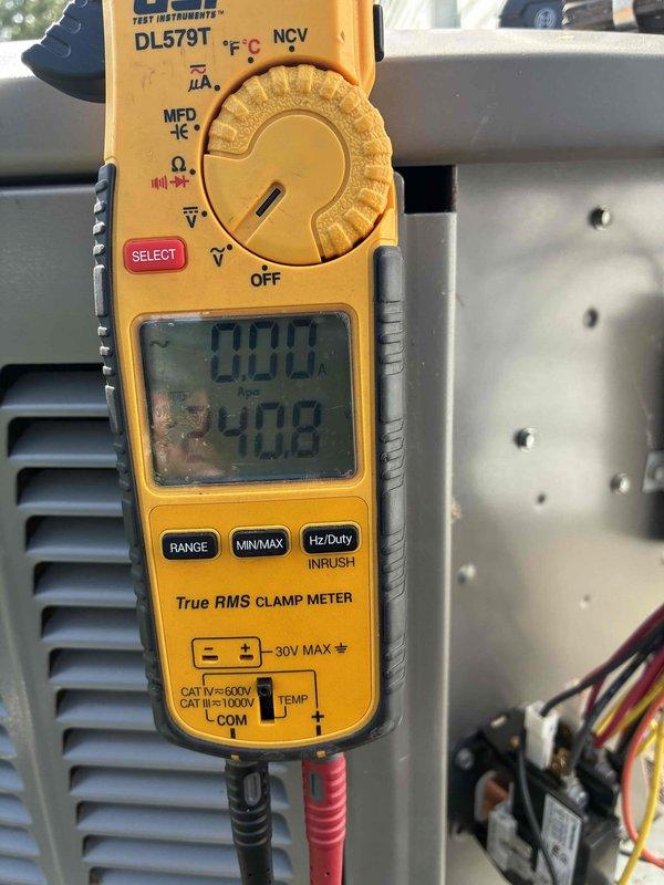 Performed routine maintenance visit on a three-year-old air conditioning system for MVP customer as rescheduled service. Inspected outdoor unit control board including outdoor discharge air sensor connections and verified proper operation of all electronic components. Measured and recorded system temperatures, confirming 40.8°F reading using digital clamp meter, indicating proper refrigerant operation and cooling performance.