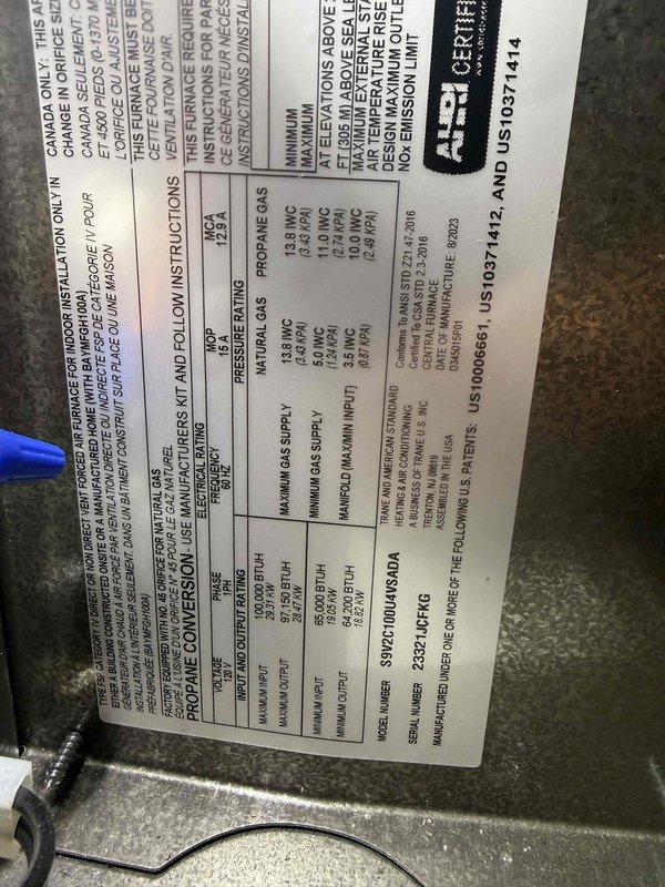 Completed routine maintenance on a 3-year-old Rheem gas furnace, model SM21010MUA11A. Performed comprehensive system inspection including verification of manufacturer specifications, gas pressure readings, and BTU ratings per equipment label specifications. Documented equipment information and exterior condenser unit condition with photographs for service records.