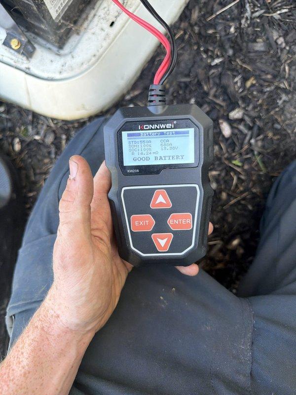 Completed scheduled maintenance on a two-year-old generator system, including inspection of internal components, air filter assessment, and battery testing. Battery diagnostic testing confirmed good operational status with proper CCA ratings, and all electrical connections and safety systems were verified to be functioning within manufacturer specifications.
