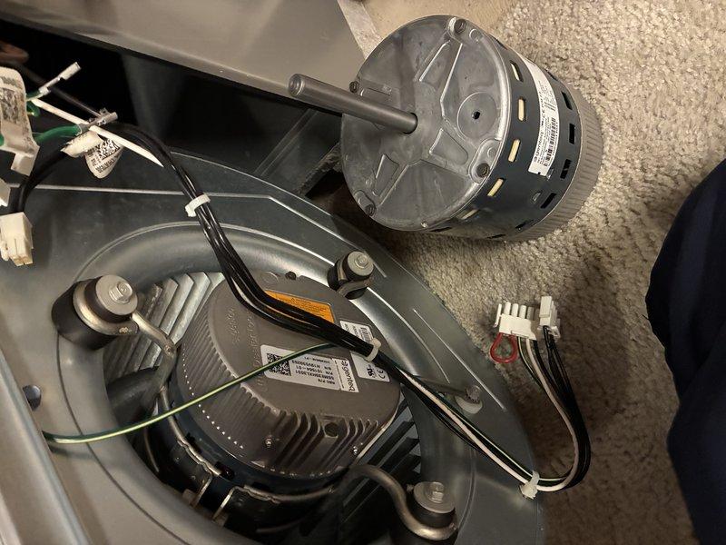 Responded to service call for blower motor failure in residential air handler unit. Upon initial diagnostic visit, pulled furnace event log and performed system runtime analysis to confirm blower module malfunction. Ordered replacement blower motor assembly and scheduled return visit upon parts arrival. Returned to site and successfully replaced failed blower motor module with new OEM unit. Verified proper electrical connections, tested motor operation, and confirmed adequate airflow through squirrel cage blower wheel assembly. System restored to full operational status with all components functioning within manufacturer specifications.