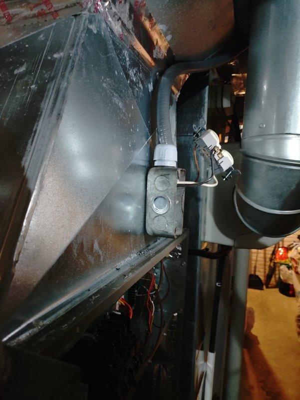 Completed warranty work on air handler installation following failed inspection. Installed heat strips in air handler unit, verified all electrical circuits were correctly wired and functioning per code requirements, and corrected missing knockout on 2x4 electrical box for outlet installation. All work performed to bring installation into compliance with electrical inspection standards and manufacturer specifications.