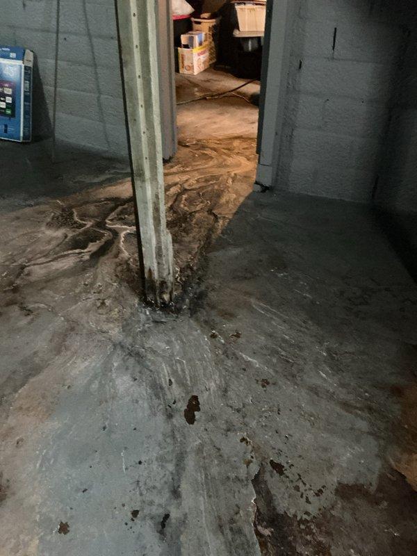 Responded to emergency call for main drain line blockage causing extensive water backup and flooding in basement area. Successfully cleared main drain line obstruction, restoring proper drainage flow and eliminating sewage backup affecting concrete floor surfaces near doorway threshold and utility room space.