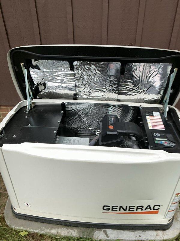 # Generator Annual Maintenance Completed

Performed comprehensive three-year annual maintenance service on residential Generac standby generator unit. Conducted complete system inspection including visual examination of exterior housing, mounting pad stability, and overall unit condition. Opened generator enclosure to access internal components and performed thorough inspection of engine assembly, electrical connections, and mechanical systems. Verified proper operation of all safety labels and warning indicators. Checked insulation integrity on interior lid assembly. Inspected wiring harness connections and mechanical fasteners for security and signs of wear. Confirmed unit positioning on concrete pad remained stable with adequate clearance from fence line. Generator found in good operational condition with no immediate service concerns identified. All routine maintenance items completed per manufacturer specifications for three-year service interval.