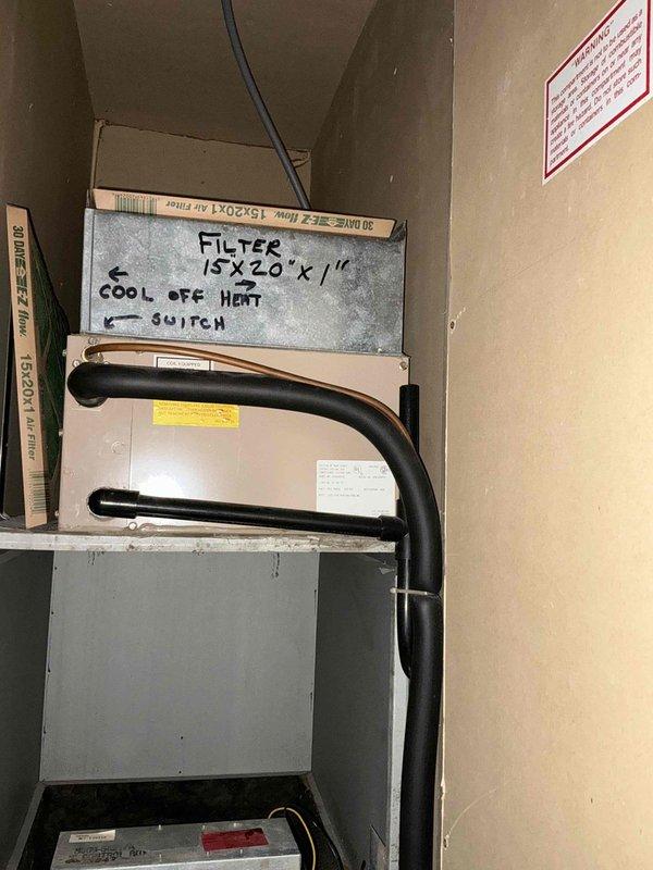 Completed estimate for electric furnace replacement in mobile home with 43-year-old system. Assessed existing HVAC installation including air handler, blower assembly, ductwork, and electrical connections to determine parts availability and replacement requirements. Documented current system configuration with filter specifications (15x20x1) and heating/cooling switch location for replacement planning.
