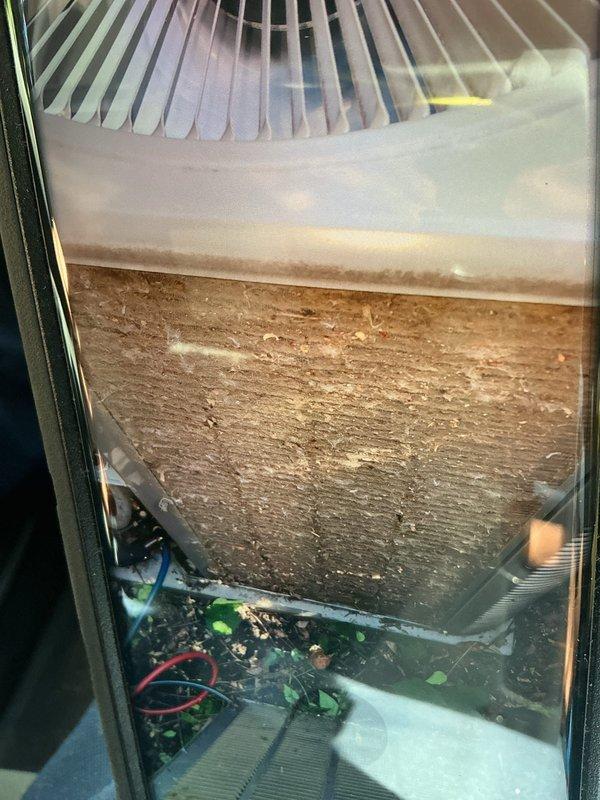 Completed MVP AC maintenance visit to address reported water leakage from air conditioning unit. Upon inspection, discovered excessive dust and debris accumulation on air filter and evidence of condensation and moisture within the unit's drain pan area. Identified compromised drainage system with visible water droplets on internal metal surfaces and PVC condensate drain line components. Performed thorough system evaluation, documented current condition of blower assembly, filter housing, and drainage components including flexible hoses and metallic conduit connections. Unit showed signs of restricted airflow due to heavily soiled filter media, which can contribute to increased condensation and potential overflow conditions when drain system becomes compromised.