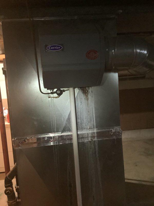 Conducted on-site assessment for whole house central air conditioning system replacement. Evaluated existing Carrier air handler unit in basement showing evidence of chronic condensate drainage issues with significant water staining on adjacent wall surfaces. Inspected electrical service panels and circuit capacity to determine compatibility with new system installation. Provided estimate for complete AC system replacement with recommended installation timeline for spring 2027 to optimize cost-effectiveness and availability.