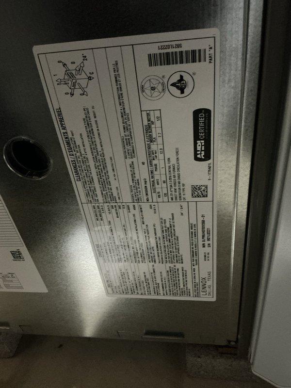 Completed routine heating maintenance visit on a 2-year-old Lennox furnace system. Performed comprehensive inspection of unit, verified proper operation of all components, documented equipment specifications and model information, and confirmed system is functioning within manufacturer parameters.