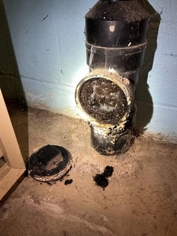Responded to main sewer line blockage and performed snaking service up to 80 feet to clear obstruction. Upon arrival, discovered severely deteriorated black plastic drainage pipe with significant structural damage, including a large broken section exposing the interior with visible corrosion and buildup around the edges. Successfully cleared the main sewer line using professional drain cleaning equipment, removing accumulated debris and restoring proper drainage flow to the system.