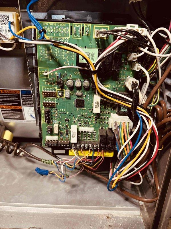 Completed scheduled furnace maintenance on 8-year-old gas unit for MVP member. Performed comprehensive system inspection including control board examination, combustion analysis, and safety checks. Combustion testing revealed excellent performance with 97.5% efficiency, 21 ppm CO, 7.5% CO2, and 95°F stack temperature—all readings within optimal parameters. Control board and ECM drive components inspected and found in good working condition with no signs of damage or corrosion. All wire connections secure and properly terminated. System operating safely and efficiently with no issues identified.