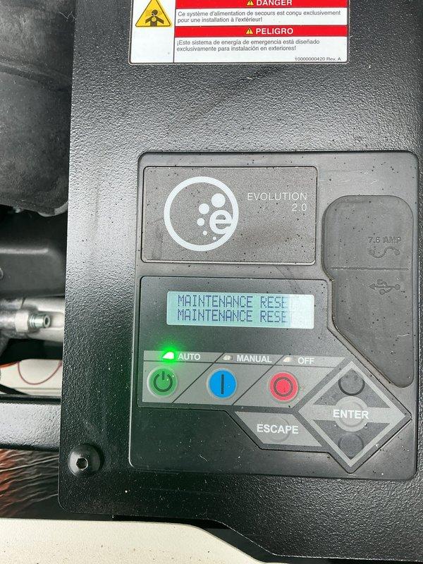 Completed routine maintenance on a 4-year-old Generac G-Force generator, including inspection of engine components, hoses, and connections. Performed maintenance reset on the Evolution 2.0 controller and verified system operation in AUTO mode.