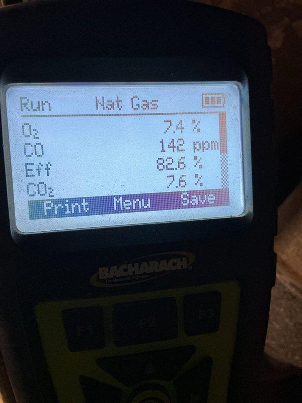 Responded to service call for non-working furnace in 30-year-old residential property. Upon inspection, found older model gas furnace with burner failure. Performed combustion analysis testing which revealed elevated carbon monoxide levels at 142 ppm, oxygen reading of 7.4%, and combustion efficiency of 82.6%. Due to age of equipment, safety concerns with CO levels, and failed burner assembly, recommended system replacement rather than repair of original components.