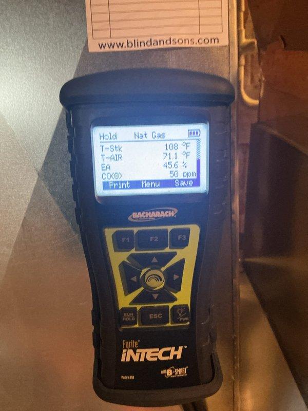 Completed comprehensive furnace tune-up including combustion analysis and air filtration system inspection. Verified proper operation with combustion analyzer readings showing stack temperature of 108°F, air temperature of 211°F, and monitored CO/CO2 levels to ensure safe and efficient operation. Inspected and evaluated pleated air filter condition within the air handling system to maintain optimal airflow and indoor air quality.