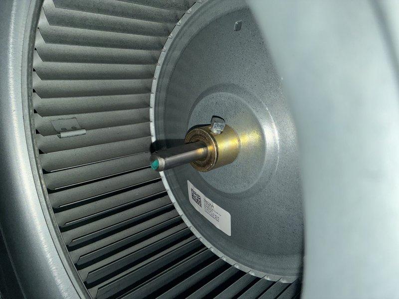 Performed maintenance and efficiency testing on 4-year-old MVP heating furnace system. Combustion analysis confirmed optimal performance with oxygen level at 6.6%, carbon monoxide at 27 ppm, efficiency at 99.1%, and carbon dioxide at 8.0%. Inspected blower wheel assembly and verified clean operation with no debris accumulation on blades or housing.