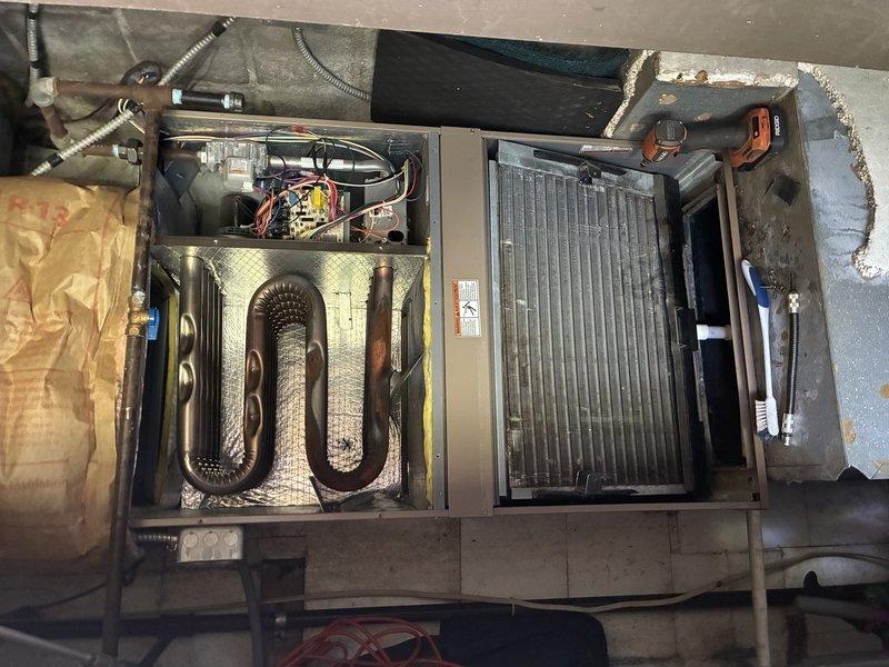 Completed comprehensive heating maintenance tune-up on 7-year-old Armstrong air handling unit in preparation for winter season. Performed full system inspection including heat exchanger evaluation, evaporator coil assessment, electrical connections check, and refrigerant line inspection. System tested and confirmed operational with all components functioning properly.