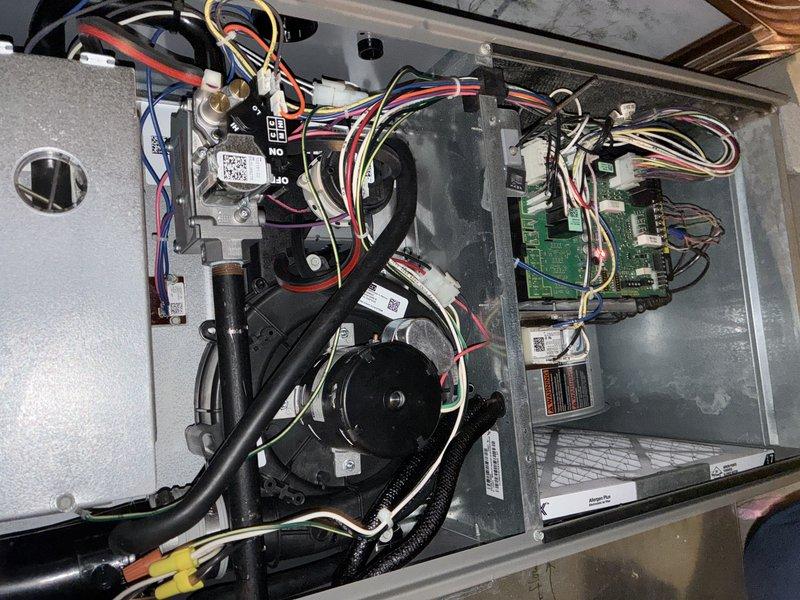 Responded to service call for 5-year-old furnace displaying 5 red flash error code. Upon inspection, found air filter had been partially drawn into the blower compartment due to negative pressure, causing deformation and restricted airflow. Removed damaged filter and inspected blower assembly and internal components for debris accumulation. Performed thorough cleaning of blower motor, blower wheel, and cabinet interior to remove dust and particulate buildup. Cleared all obstructions from air pathway and verified proper airflow through the system. Inspected control board connections and electrical components for proper operation. Reset error code and cycled unit to confirm normal operation. Advised on proper filter installation and recommended regular filter replacement to prevent future airflow restriction issues.