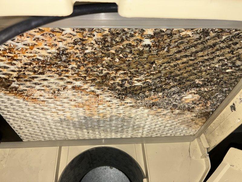 Responded to service call for 5-year-old furnace displaying 5 red flash error code. Upon inspection, found air filter had been partially drawn into the blower compartment due to negative pressure, causing deformation and restricted airflow. Removed damaged filter and inspected blower assembly and internal components for debris accumulation. Performed thorough cleaning of blower motor, blower wheel, and cabinet interior to remove dust and particulate buildup. Cleared all obstructions from air pathway and verified proper airflow through the system. Inspected control board connections and electrical components for proper operation. Reset error code and cycled unit to confirm normal operation. Advised on proper filter installation and recommended regular filter replacement to prevent future airflow restriction issues.