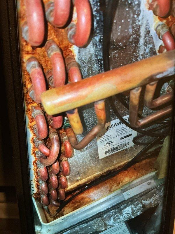 Completed comprehensive MVP Heat maintenance on a 10-year-old gas heating system. Inspection revealed significant corrosion and rust accumulation on the heat exchanger coils and interior components, along with substantial dust and debris buildup on the blower wheel assembly. Thoroughly cleaned the blower motor and fan blades, removed debris from the evaporator coil area, and documented the advanced deterioration of internal metal surfaces showing moisture exposure and oxidation. System operational at time of completion, though visible corrosion on heat exchanger components and interior surfaces indicates the unit has been subjected to prolonged humidity exposure and may require monitoring for future performance issues.