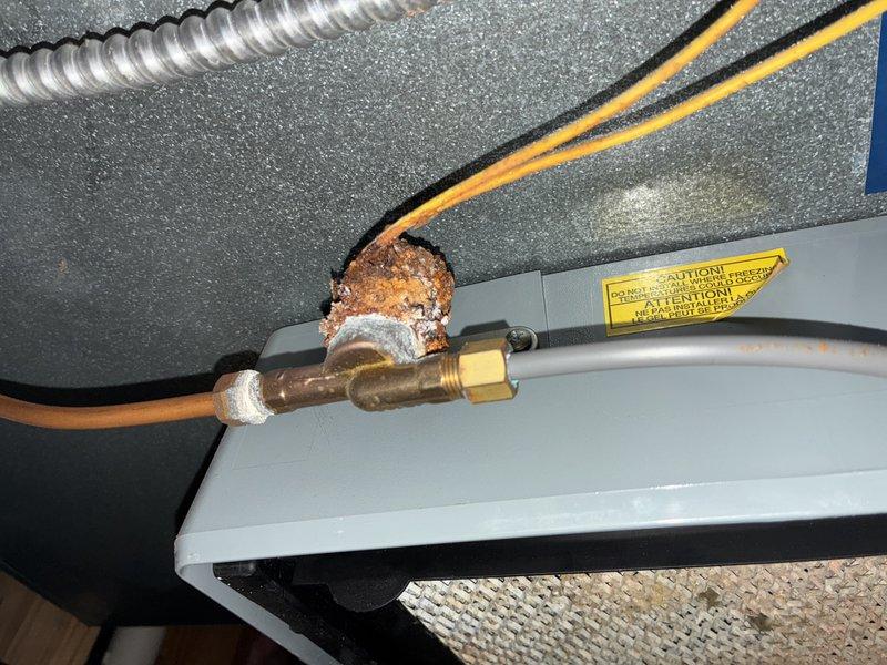 Completed annual MVP heating maintenance on 1-year-old furnace system. Performed comprehensive inspection of control board and electrical components, verifying all connections, capacitors, and integrated circuits functioning properly. Identified significant corrosion on copper refrigerant line and brass fittings near air handler requiring monitoring for potential future replacement to prevent system failure.