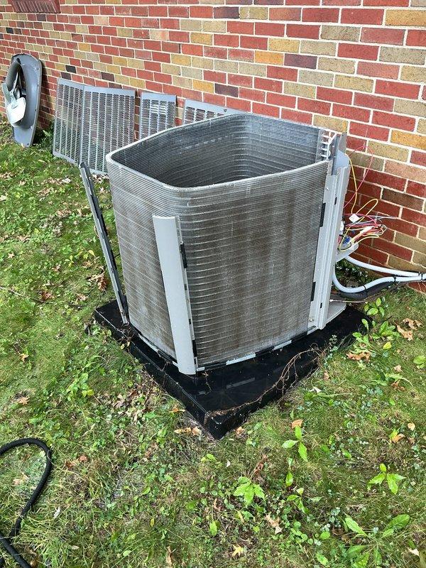 Completed MVP Cooling Visit on residential air conditioning system. Performed comprehensive inspection of outdoor condensing unit, verified proper operation of condenser fan assembly, and documented equipment condition with detailed photographs. Unit found operating within normal parameters with no immediate service requirements identified.