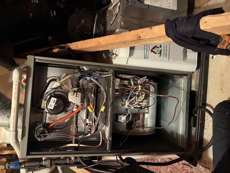 Performed comprehensive tune-up on Lennox ML180UH090E48B gas furnace, approximately 6 years old, located in utility closet. Replaced air filter and conducted thorough inspection of all internal components including blower motor assembly, electrical control boards, and wiring harnesses. Verified system operation and measured combustion efficiency, confirming unit is operating within manufacturer specifications.