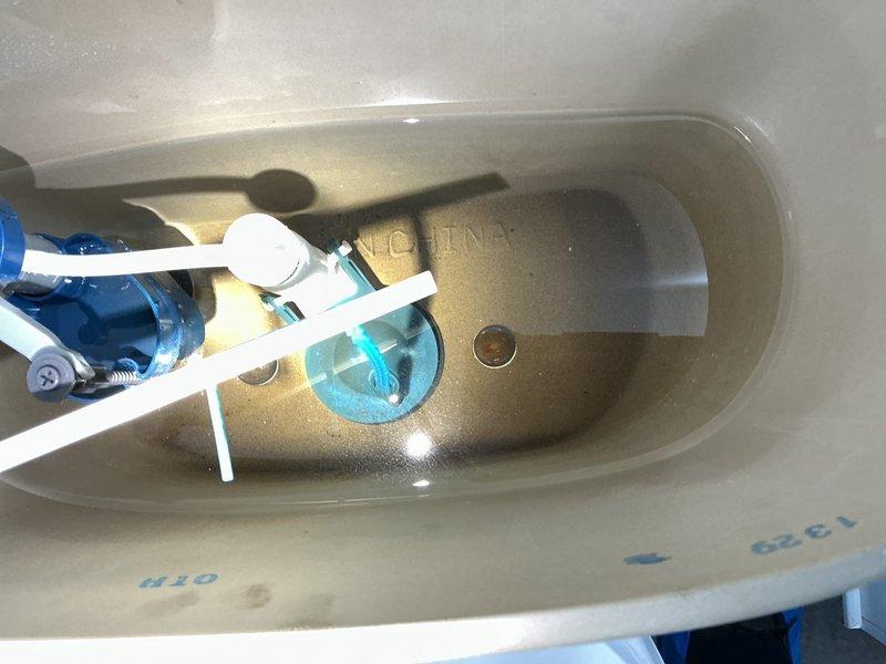 Responded to service call for leaking toilet. Upon inspection, identified faulty flapper seal within the flush valve assembly causing continuous water seepage into the bowl. Removed tank lid, replaced defective blue flapper component with new seal, and tested flush mechanism for proper operation. Verified leak was resolved and all internal tank components functioning correctly with no further water loss detected.