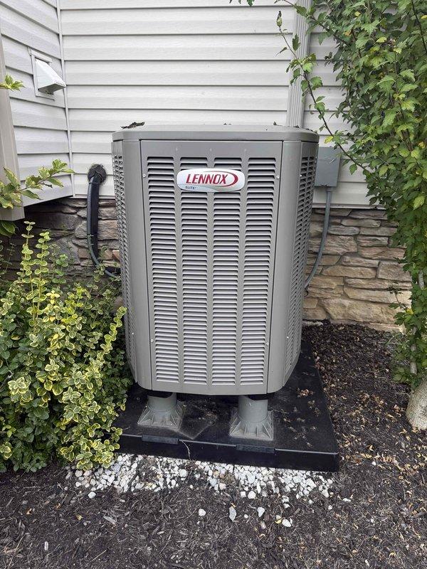 Completed comprehensive HVAC maintenance tune-up on 2-year-old Lennox system including both cooling and heating components. Performed full AC tune-up on Lennox WT 12-2034 outdoor unit, inspecting refrigerant lines, electrical connections, and verifying proper operation of control board and DIP switch settings. All system components operating within manufacturer specifications with no deficiencies noted.