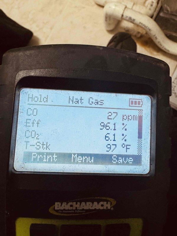 Completed MVP heating maintenance on gas furnace system. Performed comprehensive system inspection including control board diagnostics and combustion analysis. Verified all electrical connections and wiring at control panel, inspected circuit board components and LED indicators showing proper operation. Conducted combustion efficiency testing using calibrated analyzer, confirming optimal performance with readings of 96.1% efficiency, 27 ppm CO, 6.1% CO₂, and 97°F stack temperature. All parameters within manufacturer specifications for natural gas operation. System operating safely and efficiently.