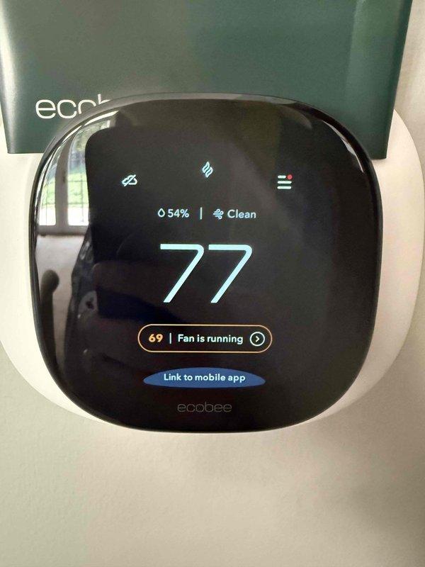 Responded to callback regarding recently installed ecobee smart thermostat and whole-home dehumidifier. Accessed property via lockbox, adjusted dehumidifier setpoint from 66% to customer-requested 45% relative humidity. Verified thermostat WiFi connectivity and confirmed proper pairing between ecobee app and HVAC system to enable remote monitoring and control of temperature, humidity, heating, and cooling functions while customer is away.