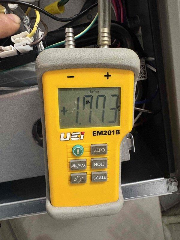 Completed 80% AFUE furnace installation as first stage of project. Verified proper system operation through pressure testing, recording 1993 inches of water column on digital manometer to confirm adequate airflow and static pressure within manufacturer specifications. Installed Kidde carbon monoxide alarm in accordance with safety codes to protect against potential CO hazards from new heating equipment.