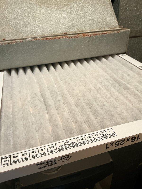 Completed preventive maintenance on an 11-year-old furnace system. Inspected air filter showing moderate dust accumulation and verified proper fit within housing, noting minor corrosion on metal ductwork frame. Examined internal electrical components, wiring connections, and mechanical assemblies, confirming all connections secure and system operational.