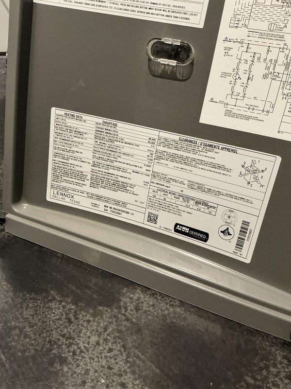 Completed comprehensive MVP heating maintenance on Lennox furnace system. Performed thorough inspection of unit components, verified manufacturer specifications and AHRI certification compliance, documented equipment condition with detailed photography of data plates and technical labels. Inspected all accessible system components including burner assembly, heat exchanger, and associated hardware for proper operation and safety compliance.