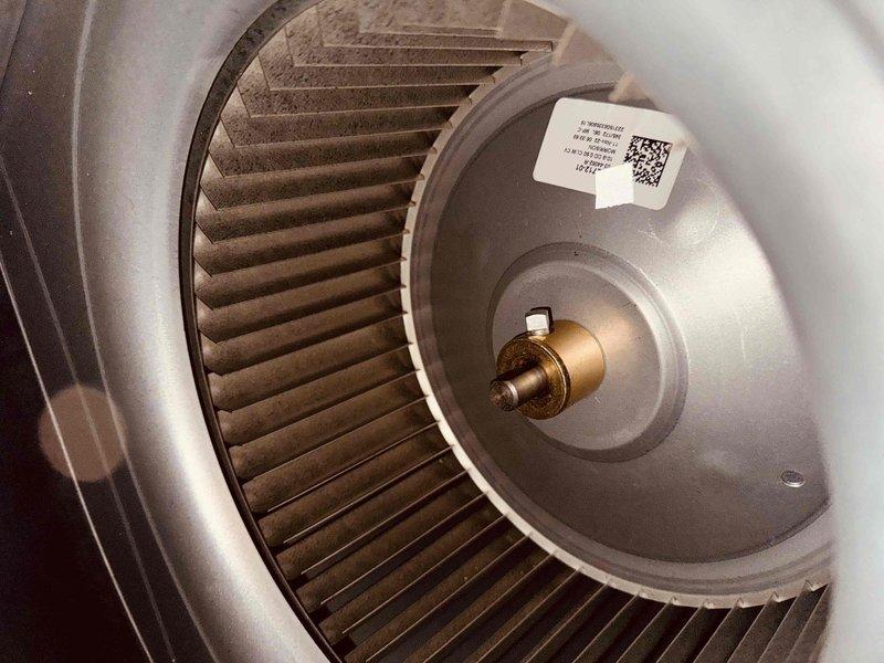 Completed scheduled MVP cooling maintenance visit. Inspected and photographed blower wheel assembly showing normal dust accumulation on squirrel cage fan blades and motor shaft. Reviewed humidifier operating instructions and relative humidity guide settings with customer, providing guidance on seasonal adjustments and proper dial settings for optimal indoor humidity control based on outdoor temperature conditions.