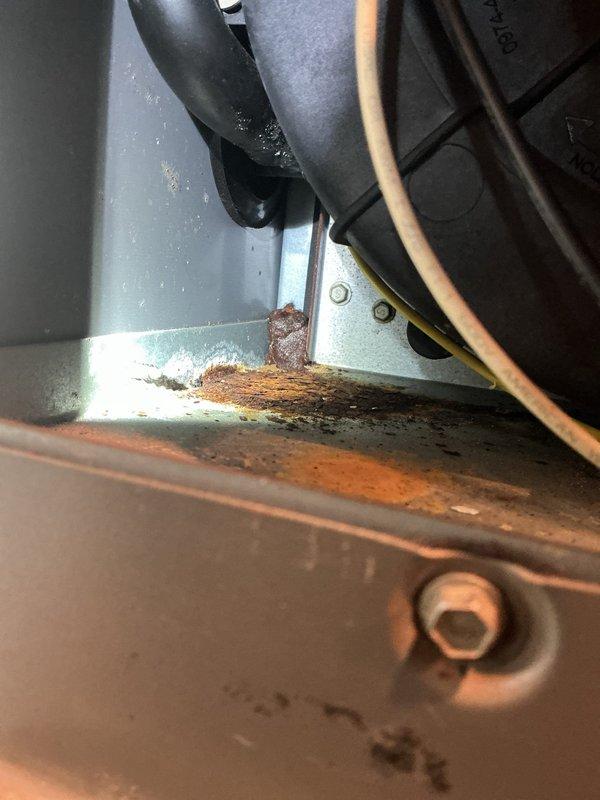 Responded to no heat call on 12-year-old furnace with history of operational issues following previous air conditioning installation. Upon inspection, discovered failed electrical connector with exposed wiring at blower motor assembly, along with significant corrosion and debris accumulation on mounting brackets and copper refrigerant lines. Replaced damaged wire connector, cleaned corroded components, and verified proper blower motor operation. Tested system through complete heating cycle and confirmed furnace now operating within normal parameters.