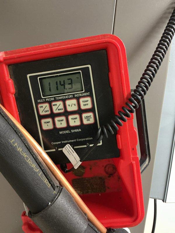 Completed full HVAC system installation at residential property. Installed new outdoor condensing unit on gravel pad with proper clearances from structure, connected electrical service including disconnect box and associated conduit, and verified system operation with temperature differential readings of 114.3°F using calibrated digital instrumentation to confirm proper refrigerant charge and heat transfer performance.