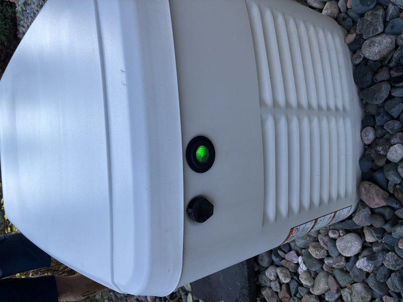 Completed scheduled maintenance on residential standby generator unit. Performed visual inspection of equipment exterior, verified proper operation of control panel indicators including run status light, and confirmed unit is in good working condition with all components functioning as designed.